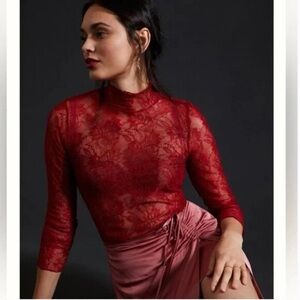 Anthropologie Red Lace Long Sleeve Top